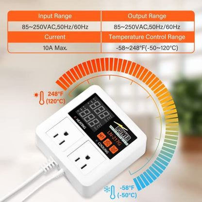 iPower Digital Temperature Controller, 1200W 10A Dual Outlet Thermostat Plug, 2-Stage Heating/Cooling Mode, for Seed Germination, Reptiles, Brewing Breeding, Fermenter Greenhouse