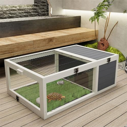 Wooden Tortoise Enclosure, Large Tortoise Habitat Enclosure Cage with Removable Waterproof Tray, Indoor & Outdoor Tortoise Habitat, for Small Animals and Reptile (39.5"× 24"× 12.8")