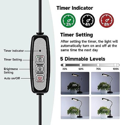 Grow Light for Indoor Plants Plant Lamp for Seedings Succulents Bulbs Full Spectrum Gooseneck Small Plants Growing, Auto On/Off Timing & 5 Dimming (Without USB Plug)