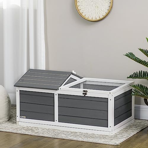 34" Wooden Tortoise Habitat, Tortoise Enclosure with Hide Shelter and Run, Openable Top, Tray, Indoor/Outdoor Use, Gray