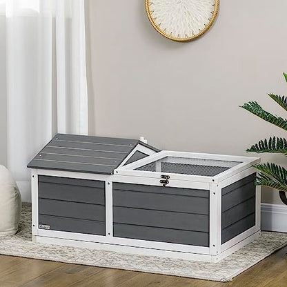 34" Wooden Tortoise Habitat, Tortoise Enclosure with Hide Shelter and Run, Openable Top, Tray, Indoor/Outdoor Use, Gray