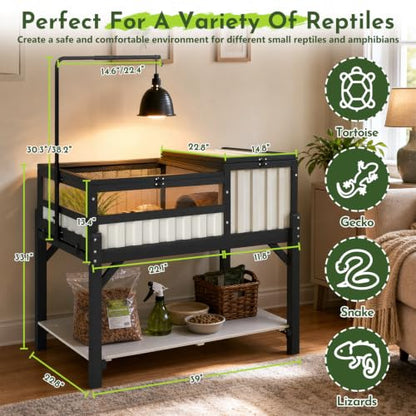 Large Tortoise Habitat with Storage Shelf, Wooden & Plastic Tortoise Enclosure with Adjustable Lamp Stand, Viewing Window, Pull-Out Tray, 2-Room Indoor Outdoor Reptile Turtle House - size: 39.0"L x 22.8"W x 33.0"H