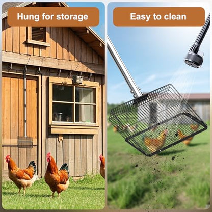 10" Width Metal Chicken Poop Scooper Heavy Duty Farm Sifting Shovel | Stainless Steel Long Handle (27.9 to 54.7") Poultry Litter Sifting Scooper for Chicken Coops Sheep Pens and Cat Litter Box