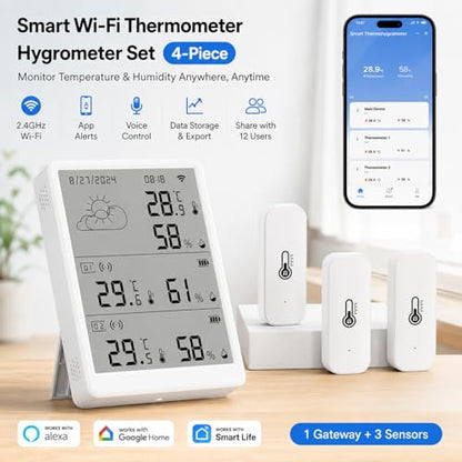 WiFi Thermometer Hygrometer Indoor: Digital Smart Temperature Humidity Monitor with App Notification Alert, Data Storage Export, 100m Range, Compatible with Alexa (3Sensors+1Base Station)