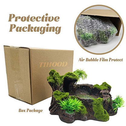 TIHOOD Plastic Reptile Tank Decor - Resin Reptile Platform with Artificial Tree Trunk Design - Food Dish Bowl for Lizards, Geckos, Frogs & More