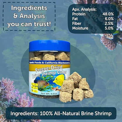 Brine Shrimp, Freeze Dried Floating Brine Cubes for Cichlids, Discus, Tetras, Goldfish, Bettas, Angel Fish, Marines, All Tropicals, Aquatic Turtles 1.3oz Canister