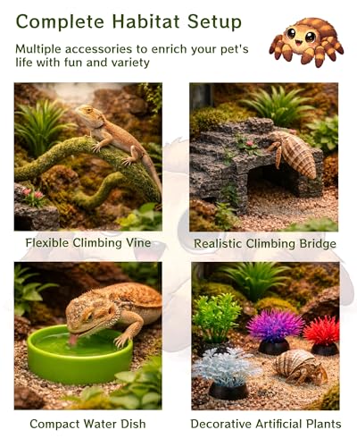 12-in-1 Hermit Crab Accessories Kit, 2026 New Kit for Bearded Dragon, Coconut Shell Hideout, Climbing Bridge, Hammock, Vines & Plants, Reptile Terrarium Decor for Gecko, Lizard, Amphibians
