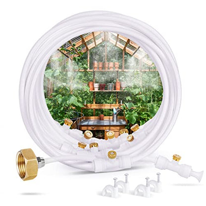 homenote Misting Cooling System, 59FT (18M) Misting Line + 16 Brass Mist Nozzles + Brass Adapter(3/4") Misters for Outside Patio Cooling Garden Greenhouse Watering - color: White, size: 59FT / 18M
