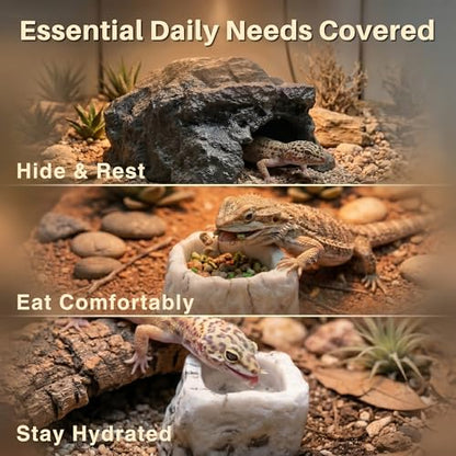 Reptile Hide Cave Set - Resin Rock Hideout with 2 Food and Water Bowls, Small Reptile Tank Accessories for Gecko, Frog, Young Bearded Dragon and Amphibian Habitat