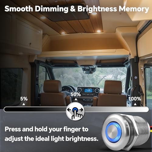 Acegoo 12 Volt Dimmer Switch High-Side PWM Dimming Switch, 7/8" Mounting Hole w/Blue Backlight for RV Boat Truck Camper Van Trailer Light Fixture & LED Strip Lights-DC 12V 6A Full Aluminum (Sliver) - color: 6A-Aluminum-Silver