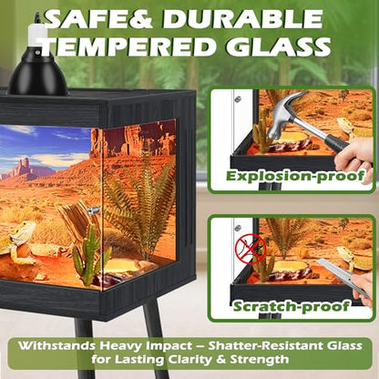 ROYXEN Bearded Dragon Tank with Leg Stand,24 Gallon Tempered Glass Reptile Tank with Metal Mesh Top, 3-Side Clear Anti-Scratch Glass Lizard Tank,Snake Tank for Reptile Habitat (Black,24" Length) - color: Black, size: 30Gal,24x16x16inch