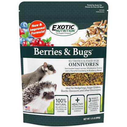 Berries & Bugs 1.5 lb - All Natural High Protein High Fiber Food for Hedgehogs, Skunks, Opossums, Sugar Gliders - Universal Insectivore Diet with Fruit, Gut-Loaded Insects, & Healthy Vitamins - size: 1.5 Pound (Pack of 1)