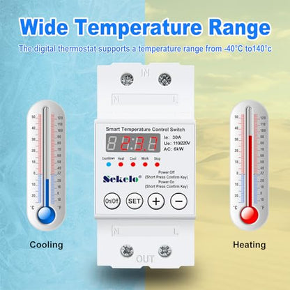High-Power Temperature Control Switch, Rail-Mounted Digital Thermostat with Real-Time LCD Display for Heating & Cooling, 63A 110/220V, -40°C to 140°C, Ideal for Greenhouses, Aquaculture,Boilers