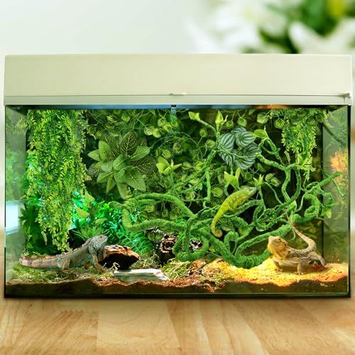 QUOZUO Bearded Dragon Tank Accessories for Habitat, Terrarium Hanging Plants Artificial Leaves Reptile Hide, Leopard Gecko Tank Accessories Hide Terrarium Decor for Lizard Geckos Chameleon Snake