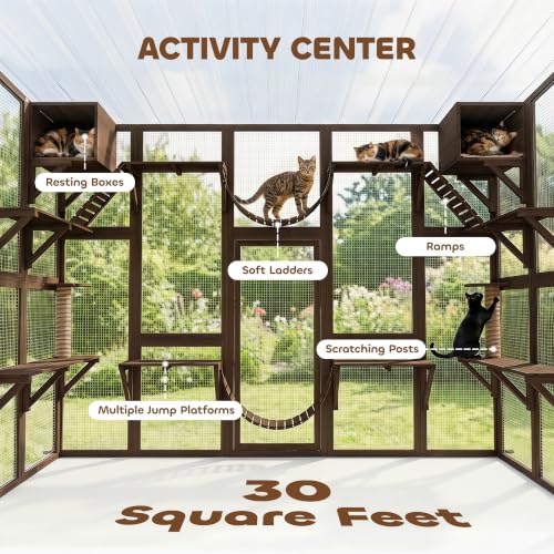 PawHut Catio Outdoor Cat Enclosure Window, Outdoor Cat House with Weather Protection Roof for 1-4 Kitties, Wooden Frame, Shelves & Bridges, 118" x 37.5" x 74", Coffee Brown - color: Coffee Brown