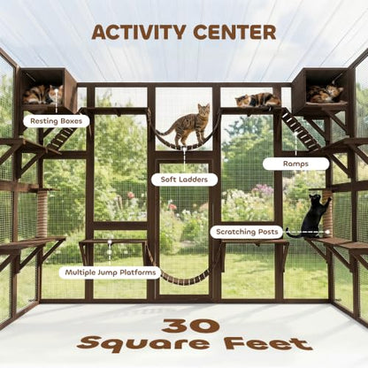 PawHut Catio Outdoor Cat Enclosure Window, Outdoor Cat House with Weather Protection Roof for 1-4 Kitties, Wooden Frame, Shelves & Bridges, 118" x 37.5" x 74", Coffee Brown - color: Coffee Brown