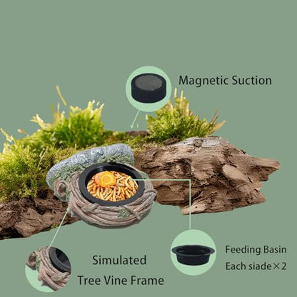 Reptile Feeding Ledge with 2 Cups, Hollow Vine Food Dish & Water Bowl for Bearded Dragon, Gecko, Lizard & Snake – Reptile Tank Accessories for Terrariums - size: Magnetic- Single Feeder