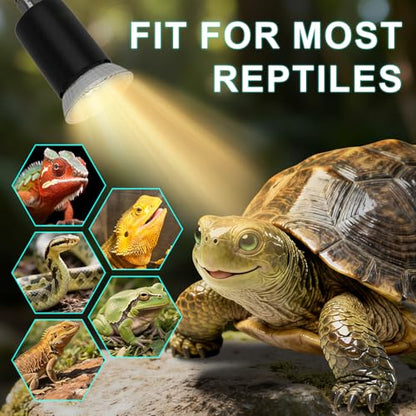 Reptile Heat Lamp Turtle Light - Long Lasting Ceramic Socket Basking Lamp with Auto Timer & Dimmer, 2 E27 Bulbs (25W & 50W) with UVB Support & Test Card for Turtles, Tortoises, Bearded Dragons, Geckos