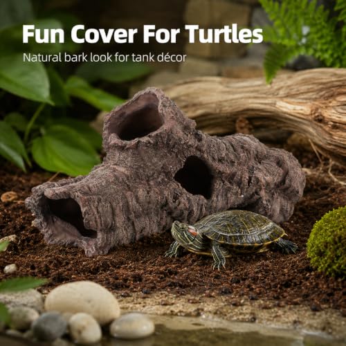 Large Reptile Resin Log Cave, 12 Inch Terrarium Hideout with 5 Openings, Faux Bark Aquarium Cave Decor for Bearded Dragon, Gecko, Snake, Lizard, Turtle, Fish .00 X 6.49 X 4.72 in Brown