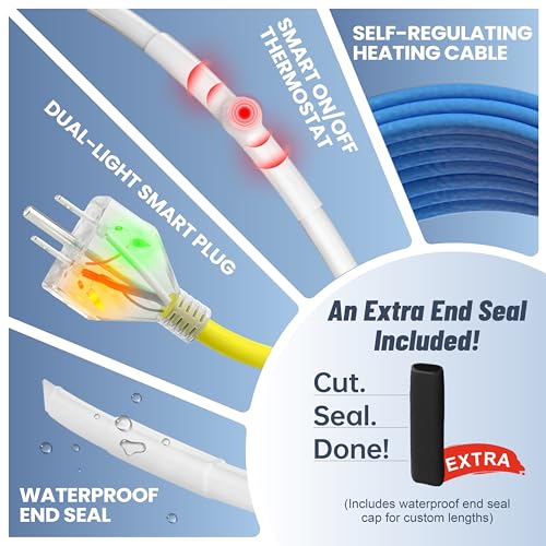 100 Ft Upgraded Dual-Indicators Heat Tape for Water Pipes, YeloDeer Self-Regulating Heat Trace with Thermostat, Heating Cable with Extra End Seals for Metal and Plastic Pipes 120V - style: 100-feet