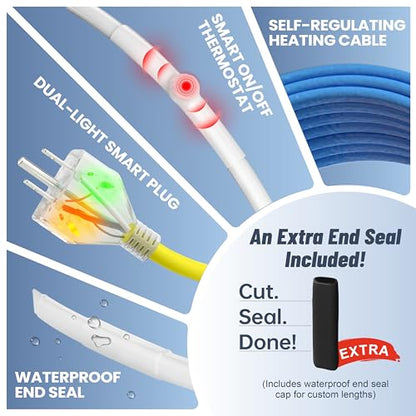 100 Ft Upgraded Dual-Indicators Heat Tape for Water Pipes, YeloDeer Self-Regulating Heat Trace with Thermostat, Heating Cable with Extra End Seals for Metal and Plastic Pipes 120V - style: 100-feet