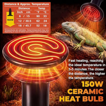 4 Pack 150W Ceramic Heat Emitter, No Light Reptile Heat Lamp Bulb for Bearded Dragon Tank, Chicken Brooder and Coop, E26 Ceramic Heater Bulb for Large Terrarium