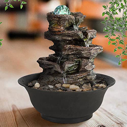 Ferrisland Tabletop Rock - Stacked Waterfall Fountain with LED - Lit Crystal Ball, Ideal for Office & Home Decor(Brown Gray) - color: Brown Gray