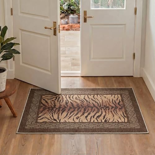 Bavni 2x3 Doormat, Tiger Stripe Machine Washable,Soft Animal Small Boho Rugs Non Slip Low Pile Non-Shedding Throw Indoor Print Woodland Jungle Carpet for Entryway Front Door Bathroom, Warm Brown - color: Warm Brown, size: 2'x3'