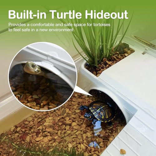 Turtle Tank Acrylic Habitat Starter Kit for Baby with Silent Filter | Bottom Drain,Basking Light,Multi Zone Aquatic Small Red Eared Slider Enclosure,Anti Escape Fence Tortoise Terrarium Aquarium