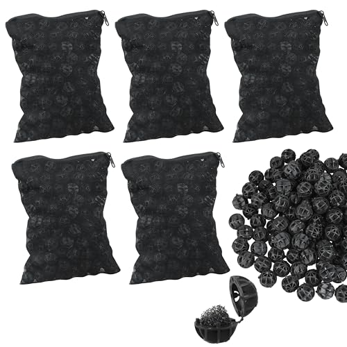 500 Pieces Black Bio Balls 0.6 Inch Internal Bioballs Filter Media for Aquarium Filter Pond Filter with 5 Pack Zippered Aquarium Filter Media Mesh Bags - size: 0.6 Inch