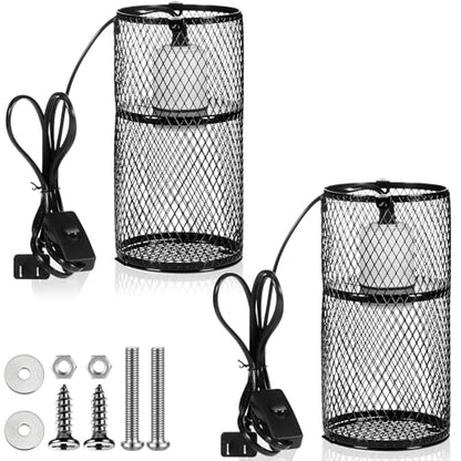 VIHOSE 2 Pcs Reptile Heat Lamp Guard with 150W Ceramic Heat Emitter Basking Anti Scald Heating Lamp Holder Mesh Cage Reptile Protection Lampshades for Lizard Snake Chick, Bulb Not Included - color: White
