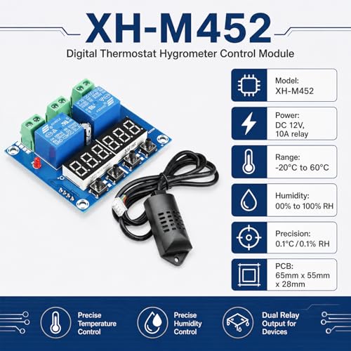2 Packs Humidity Controller Digital Thermostat Hygrometer Control Module for DIY Furnace humidifier Upgrades and Incubation DC 12V Dual Relay Output 10A LED Display XH-M452