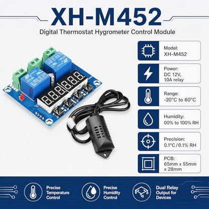 2 Packs Humidity Controller Digital Thermostat Hygrometer Control Module for DIY Furnace humidifier Upgrades and Incubation DC 12V Dual Relay Output 10A LED Display XH-M452