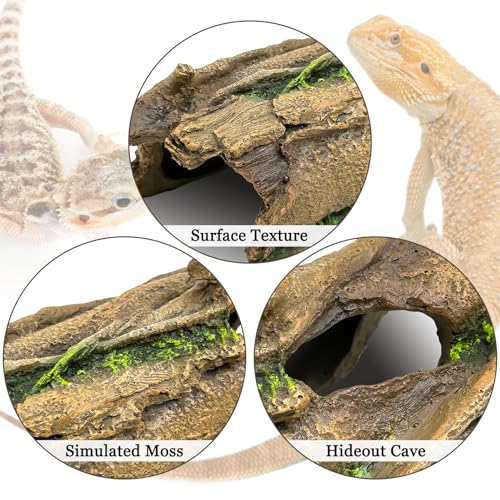 Fhiny Reptile Hides and Caves Resin Hollow Tree Trunk for Terrarium Lizard Hideout Aquarium Fish Hideaway Gecko Tank Accessories for Lizards Chameleons Bearded Dragons Hermit Crabs Frogs (Large)