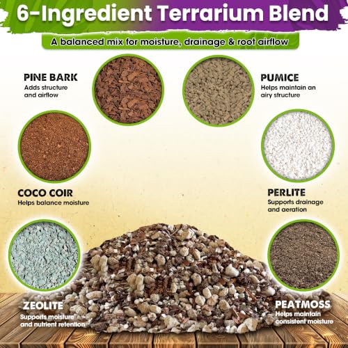 DUSPRO Premium 6in1 Terrarium Soil Mix – Pre-Mixed Terrarium Substrate Mix for Terrariums, Balanced Moisture Growing Medium with Coco Coir, Peat Moss, Pine Bark, Perlite, Pumice & Zeolite 8QRT - size: Terrarium Soil 8 Quarts