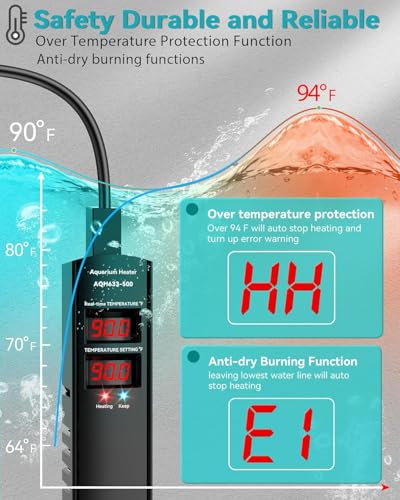 AHJ Aquarium Heater for 75 100 120 Gallon, 500W Submersible Fish Tank Water Heater with Accurate Temperature Control, Over-Temp Protect, Auto Shut-Off, Quick Heat up for Saltwater & Freshwater - size: 500W(75-100-120 Gallon)