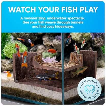 FISHNOSH Aquarium Cave | Natural-Looking Wood-Like BPA-Free Fish Tank Cave for Corners | 5.1” x 2” x 2.7” Fish Hideout for Aquarium | Guppy, Neon Tetra, Corydoras Catfish, Betta Hide | Tank Decor