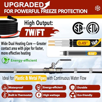 Heat Tape for Water Pipes Outdoor Heater Pipe Freeze Protect Heating Cable Keeps Water Flowing at -40°F with 3ft Lighted Plug 10 Feet - style: 10-feet