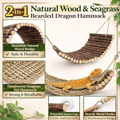 HERCOCCI Bearded Dragon Tank Accessories, 9Pcs Reptile Plants Vines Hammock Flexible Bridge with Suction Cups Terrarium Habitat Décor for Snake Gecko Lizard Chameleon