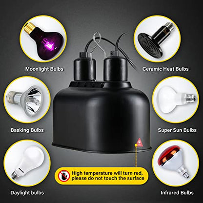 Simple Deluxe Dual Reptile Light Fixture, Aluminum Reflector Dome Lamp Cap, Combo Heat-Lighting Lamp Double Sockets Bulbs Holder with Independent Switches, for Amphibians Terrarium, Turtle Tank - size: Dual Dome Light