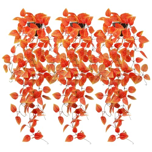 3 Pack Artificial Fall Plants Hanging Orange Vines Potted Fall Foliage Fake Pothos Trailing Plant Autumn Decoration for Indoor Outdoor Thanksgiving Bathroom Wall Kitchen Room Shelf Decor (Black Pot) - color: Fall Pothos, size: 3Pack