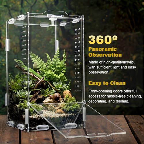 2 Pack Jumping Spider Enclosure Kit Acrylic Reptile Terrariums with Locking Latch, All Side Ventilation, Praying Mantis Habitat, Frog Bug Enclosure, 4.3x4.7x7.87 Inch with Feeding Monitoring Tool