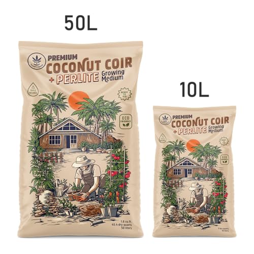 Happy Trees Coco Coir and Perlite 70/30 Growing Medium, Potting Mix, Seed-Starting, Premium Quality Triple-Washed for Low Salt/EC, pH Balanced Loose Coconut Fiber, Peat-Free, 50L (1.8 cu.ft.) - size: 50L