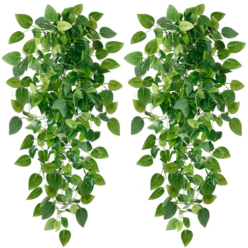 Sggvecsy Fake Hanging Plants 2 Pcs Artificial Hanging Plants Fake Ivy Vine Faux Pothos Vines Artificial Ivy Leaves Greenery Plant for Room Patio Home Indoor Outdoor Shelf Wall Garden Decor(No Baskets) - size: 2pcs