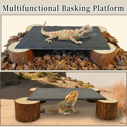 Bearded Dragon Basking Platform,Reptile Basking Platform Slate Rocks with Wooden Pile,Leopard Gecko Hides and Caves Climbing Tank Accessories for Lizards Snakes Tortoise Ball Python(Large)