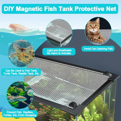 Magnetic Aquarium Cover Lid, DIY Fish Tank lid Anti-Jumping net Cover mesh Terrarium lid Aquarium Hood，Adjustable Size Fit Tank Size Max 35''X19''