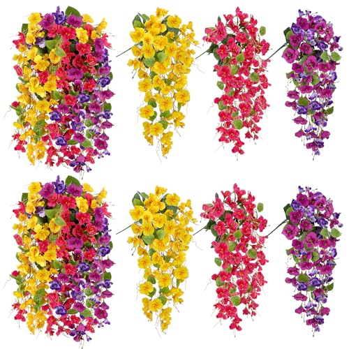 6Pcs Artificial Hibiscus Fake Hanging Flowers, Silk Faux Flowers for Outdoor Planters, UV Resistant Artificial Outdoor Plants for Hanging Baskets, Porches, Patios Decorations (Purple + Red+Yellow) - color: Purple + Red+yellow