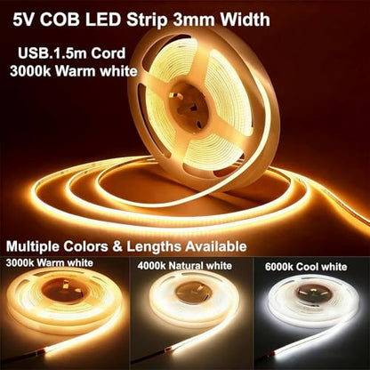 Ultra-Narrow 3mm USB-C COB LED Strip Lights Self-Adhesive, for Kitchen Cabinets, Bedroom, Gaming Desk (3000k Warm White, 5ft) - color: 3000k Warm white, size: 5ft