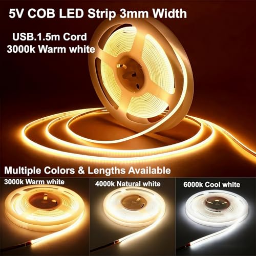 Ultra-Narrow 3mm USB COB LED Strip Lights Self-Adhesive, for Kitchen Cabinets, Bedroom, Gaming Desk (3000k Warm White, 2ft) - color: 3000k Warm white, size: 2ft
