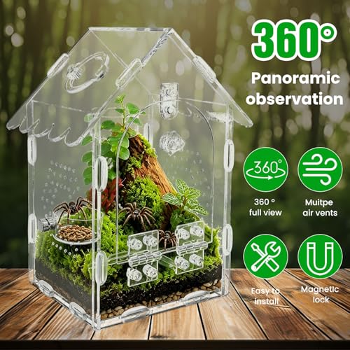 Jumping Spider Enclosure Kit, Clear Acrylic Reptile Enclosure Bug Habitat, Terrarium for Tarantulas, Mantis,Hermit Crabs,Snail(5" X 4" X 8")